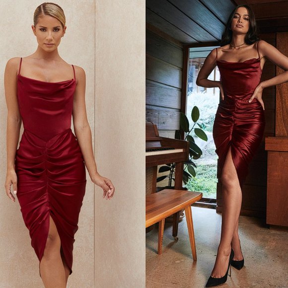House of CB 'Nera' Wine Satin Draped Corset Dress NWOT - Picture 1 of 13